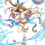  ball bangs barefoot belt blue_eyes blue_nails bow bracelet breasts brown_hair cyclops_(kami_project) eyes_visible_through_hair flower hair_flower hair_ornament huge_breasts jewelry kami_project leg_ribbon long_hair official_art ponytail revealing_swimsuit ribbon slingshot_swimsuit swept_bangs swimsuit thigh_strap very_long_hair water 