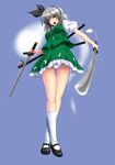  black_hairband dress dual_wielding flower from_below full_body ghost green_eyes hairband highres holding konpaku_youmu konpaku_youmu_(ghost) mary_janes open_mouth panties pantyshot pantyshot_(standing) scabbard sheath shoes short_hair short_sleeves silver_hair simple_background snappop socks solo standing sword touhou underwear upskirt vest weapon white_panties 