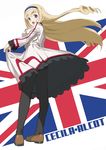  black_legwear blonde_hair blue_hairband cecilia_alcott character_name dress drill_hair flag_background hairband highres infinite_stratos loafers long_hair looking_back mibu_natsuki open_mouth panties panties_under_pantyhose pantyhose school_uniform shoes solo underwear union_jack 