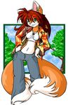  2005 bracelet canine clothed ear_piercing earring female firekitty fox green_eyes grin hair jewelry long_hair long_red_hair looking_at_viewer midriff multiple_tails navel necklace orange pants piercing red_hair shirt solo standing sylia tail tank_top 