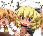  2girls :&gt;= :o blonde_hair blush censored drill_hair fellatio hakkyou_set hands_on_own_cheeks hands_on_own_face hat hetero luna_child multiple_girls open_mouth oral penis pointless_censoring red_eyes sama_samasa short_hair sunny_milk touhou translated twintails wings 