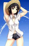  black_hair dress_shirt green_eyes hat idolmaster idolmaster_(classic) idolmaster_2 kikuchi_makoto navel shirt short_hair shorts solo tog_(shoten) water 