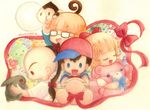  3boys bad_id bad_pixiv_id black_hair blonde_hair blue_eyes bubble_monkey bunny doseisan glasses hat hug jeff_andonuts monkey mother_(game) mother_2 multiple_boys ness paula_(mother_2) poo_(mother_2) smile stuffed_animal stuffed_toy traditional_media 