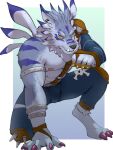  2021 3_toes 5_fingers anthro bandai_namco black_nose bottomwear canid canine claws clothing digimon digimon_(species) digital_media_(artwork) facial_markings feathers feet fingers fist flowamai fur head_markings hi_res male mammal markings muscular muscular_anthro muscular_male nipples pants purple_body purple_claws purple_fur sharp_teeth spikes striped_body striped_fur stripes teeth toe_claws toes tuft were werecanid werecanine weregarurumon werewolf yellow_eyes 