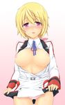  bad_id bad_pixiv_id blonde_hair blush breasts breasts_outside charlotte_dunois highres infinite_stratos itou_ayachi large_breasts nipples open_clothes open_mouth panties pink_panties ponytail purple_eyes ribbon solo tears underwear 