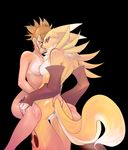  blue_eyes breasts breasts_frottage brown_hair butt canine chest_tuft couple digimon female fox gloves hair hi_res lesbian ponytail pussy renamon rika_nonaka short_hair spread_legs spreading standing tail tail_grab tsampikos yellow 