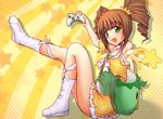  brown_hair controller dress game_console green_eyes highres idolmaster idolmaster_(classic) idolmaster_2 joystick kappa long_hair moonlight_(base) pillow solo takatsuki_yayoi themed_object twintails vital_sunflower xbox_360 