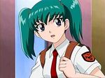  aqua_hair backpack blue_eyes female green_hair honjo_mikaze looking_back necktie open_mouth school_uniform short_hair solo stratos_4 twintails 