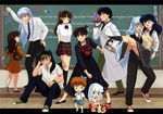  5girls ai_ai_gasa animal_ears arms_behind_back brown_eyes brown_hair carrying classroom contemporary english high_ponytail higurashi_kagome inuyasha inuyasha_(character) kagura_(inuyasha) kanna_(inuyasha) kirara_(inuyasha) kouga labcoat long_hair miroku_(inuyasha) multiple_boys multiple_girls one_side_up pointy_ears ponytail princess_carry rin_(inuyasha) sango school_uniform sesshoumaru shippou_(inuyasha) tennen_shiori white_hair wolf_ears 