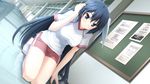  black_hair blue_eyes game_cg gym_uniform ikegami_akane long_hair saran_takamizawa with_ribbon 