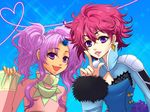  bad_id bad_pixiv_id blue_background earrings frills happy harold_berselius heart heart_of_string jewelry lipstick long_hair makeup meredy messy_hair multiple_girls nez-doll pointing purple_eyes purple_hair red_hair short_hair smile tales_of_(series) tales_of_destiny_2 tales_of_eternia twintails 