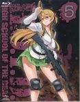  absurdres antenna_hair battle_rifle blush breasts brown_hair elbow_pads gun highres highschool_of_the_dead knee_pads large_breasts leaning_forward legs long_hair long_legs m14 miyamoto_rei red_eyes rifle satou_shouji school_uniform smile solo thighs weapon 