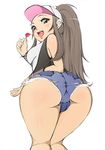  ass bare_legs bare_shoulders baseball_cap blush breasts brown_eyes brown_hair candy denim denim_shorts food from_behind hat lollipop long_hair mandalin medium_breasts pokemon pokemon_(game) pokemon_bw ponytail short_shorts shorts sidelocks solo torn_clothes torn_shorts touko_(pokemon) vest wristband 