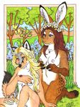  anthro arthropod breasts butterfly canine covering covering_self female flower flower_in_hair forest insect lagomorph luthiennightwolf mammal necklace nipples outside pussy rabbit tree wolf wood 