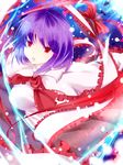  absurdres bad_id bad_perspective bad_pixiv_id bow colored_eyelashes eyelashes fish foreshortening hat hat_removed headwear_removed highres nagae_iku outstretched_arms purple_hair red_eyes shawl short_hair solo spread_arms suzuchi1218 touhou 