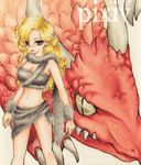  ayla ayla_(chrono_trigger) blonde_hair chrono_(series) chrono_trigger claws dragon earrings female fur grey_eyes horns jewelry long_hair midriff minami_0 pixiv reptile solo wristband yellow_eyes 