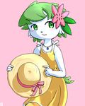  blush dress female g-sun green_eyes green_hair hair hair_flower hat necklace pok&eacute;mon pok&eacute;morph shaymin short_green_hair short_hair solo standing white 