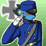  blue g-sun hat looking_at_viewer luxray male pok&eacute;mon pok&eacute;morph red_nose salute solo standing yellow_eyes 