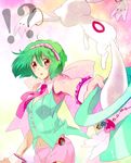  1girl blush body_blush crossover gen_(enji) green_hair hair_ribbon hat kyubey macross macross_frontier macross_frontier:_sayonara_no_tsubasa mahou_shoujo_madoka_magica navel necktie ranka_lee red_eyes ribbon short_hair top_hat wrist_cuffs 