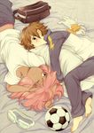  bad_id bad_pixiv_id bag ball barefoot bed blue_eyes blush brown_hair dark_skin dark_skinned_male feet gloves gloves_removed goggles inazuma_eleven inazuma_eleven_(series) long_hair lying male_focus multiple_boys pillow pillow_hug pink_hair racotta smile soccer_ball soccer_uniform sportswear tachimukai_yuuki telstar tsunami_jousuke 