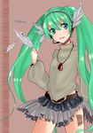  aqua_eyes bad_id bad_pixiv_id barcode feathers green_hair grin hatsune_miku headphones headset jewelry long_hair necklace r_m_t_s skirt smile solo twintails very_long_hair vocaloid 