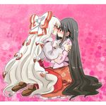  arm_grab black_hair blush bow fujiwara_no_mokou hair_bow highres houraisan_kaguya imminent_kiss kneeling long_hair multiple_girls pants purple_eyes rakuta_(pisuke) red_eyes tears touhou very_long_hair white_hair yuri 