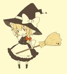  blonde_hair braid broom chibi hair_ribbon hand_on_headwear hat kirisame_marisa lowres ribbon sanzashi_(dandelion3373) side_braid solo touhou witch_hat 