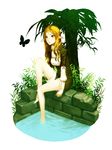  barefoot blonde_hair bug butterfly elf highres insect original pointy_ears sentou short_shorts shorts sitting soaking_feet solo water 
