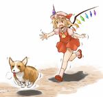  ascot blonde_hair dog fang fechirin flandre_scarlet hat red_eyes running short_hair side_ponytail solo touhou welsh_corgi wings 