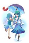  bad_id bad_pixiv_id bare_legs bare_shoulders blue_eyes blue_hair boots cross-laced_footwear detached_sleeves frog full_body geta green_hair hair_ornament heterochromia highres holding holding_umbrella karakasa_obake kochiya_sanae lace-up_boots long_hair mizutama_koppu multiple_girls open_mouth puddle purple_umbrella rain rainbow red_eyes ripples shared_umbrella short_hair skirt smile snake tatara_kogasa tongue touhou umbrella wide_sleeves 