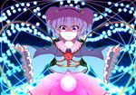  bad_id bad_pixiv_id cosplay danmaku eyeball hair_bobbles hair_ornament hairband highres kawashiro_nitori kawashiro_nitori_(cosplay) key komeiji_satori outstretched_arms purple_eyes purple_hair sanuki_(zigzagflamberge) short_hair smile solo spread_arms third_eye touhou two_side_up 