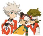  3boys atsuishi_shigeto bandana bandanna blue_eyes brown_eyes brown_hair endou_mamoru inazuma_eleven inazuma_eleven_(series) male male_focus multiple_boys neppa_(inazuma_eleven) netsuha_natsuhiko soccer_uniform sportswear white_hair yuko02 