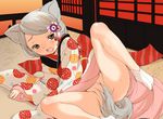  animal_ears brown_eyes canine covering_self female fox foxgirl grey_hair hair hentai japanese_clothing kemonomimi kitsunemimi short_grey_hair short_hair soft solo sweat tail tatami unknown_artist 