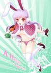  alha animal_ears bunny_ears capelet carrot earmuffs gloves lavender_hair long_hair new_year panties red_eyes reisen_udongein_inaba side-tie_panties solo thighhighs topless touhou underwear underwear_only white_legwear 