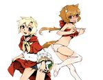  2boys animal_ears animal_tail ass basket big_bad_wolf big_bad_wolf_(grimm) blonde_hair blue_eyes brown_hair bulge cosplay kafusu7625 little_red_riding_hood little_red_riding_hood_(cosplay) male male_focus midriff multiple_boys open_mouth original panties short_hair skirt skirt_lift smile sweatdrop tail thighhighs trap underwear white_legwear white_thighhighs wolf_ears wolf_tail 