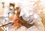  1girl ahoge axis_powers_hetalia bad_id bad_pixiv_id brown_eyes brown_hair chinese_clothes couple flower gloves hair_flower hair_ornament hat hetero japan_(hetalia) katana light_smile long_hair midorigawa_akari military military_uniform short_hair sleeves_past_wrists sword taiwan_(hetalia) uniform weapon white_gloves 