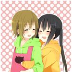  apron black_hair blush brown_hair closed_eyes hair_down hood hoodie hug hug_from_behind k-on! long_hair michael_(aya-tokachi) multiple_girls nakano_azusa polka_dot polka_dot_background short_hair smile tainaka_ritsu twintails upper_body 