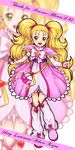  bag blonde_hair boots bow brooch character_name dress earrings eyelashes full_body futari_wa_precure futari_wa_precure_max_heart green_eyes hair_ribbon heart jewelry knee_boots kujou_hikari long_hair maeashi magical_girl precure ribbon shiny_luminous smile solo twintails zoom_layer 