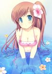  :o arm_support bikini blue_eyes breasts brown_hair cleavage collarbone flower hibiscus highres kaiware-san long_hair looking_at_viewer medium_breasts navel one_side_up original partially_submerged side-tie_bikini solo swimsuit taut_clothes untied very_long_hair 