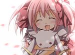  closed_eyes hair_ribbon hug kaname_madoka kyubey mahou_shoujo_madoka_magica mizusawa_mimori pink_hair ribbon short_twintails twintails 