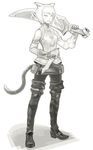  animal_ears belt boots cat_ears cat_tail facial_mark final_fantasy final_fantasy_xiv gloves greyscale highres knife masn_(moxi) miniskirt miqo'te monochrome pantyhose short_hair skirt solo sword tail thigh_boots thighhighs weapon 