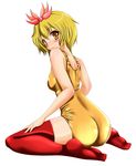 absurdres ass bad_id bad_pixiv_id blonde_hair blush hair_ornament highres looking_back one-piece_swimsuit school_swimsuit shiny shiny_clothes short_hair skindentation smile solo swimsuit tera_hiroshi thighhighs toramaru_shou touhou yellow_eyes 