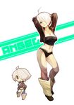  ahoge angel_(kof) belt black_panties blue_eyes boots breasts chibi cleavage dual_persona fuchsia full_body hair_over_one_eye hand_on_hip jacket medium_breasts navel no_pants panties short_hair simple_background sleeves_folded_up strapless the_king_of_fighters thighhighs tubetop underwear white_hair 