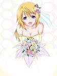  absurdres bare_shoulders blonde_hair breasts charlotte_dunois cleavage dress flower hair_down highres infinite_stratos long_hair medium_breasts open_mouth smile solo tukiumisheriru wedding wedding_dress 