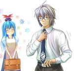  1girl ahoge apron bad_id bad_pixiv_id belt blush couple glasses hat hetero hinami_(hinatamizu) husband_and_wife jewelry kamishirasawa_keine long_hair married morichika_rinnosuke necktie ring smile suitcase sweat touhou upper_body wedding_band 