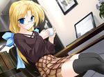  1girl cup game_cg glasses indoors skirt solo thighhighs 