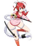  blue_eyes blush frills holster hyakka_ryouran_samurai_girls leg_garter leg_up looking_at_viewer red_hair ribonzu sheath sheathed short_hair simple_background smile solo sword thigh_holster unsheathing weapon white_background yagyuu_juubei_(hyakka_ryouran) 