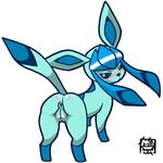  blush butt eeveelution female feral glaceon looking_at_viewer looking_back nintendo plain_background pok&#233;mon pok&eacute;mon pose pussy shinooka solo video_games white_background 
