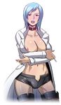  blue_hair breasts bulge butcha-u character_request cigarette collar eroquis futanari lab_coat labcoat large_breasts lips lowres nipple_slip nipples no_bra ryoko short_hair shorts 