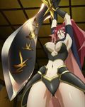  armor armpits arms_up breasts foreshortening from_below grin highres large_breasts navel oda_nobunaga_(sengoku_otome) ponytail red_hair screencap sengoku_otome smile solo stitched sword third-party_edit weapon 